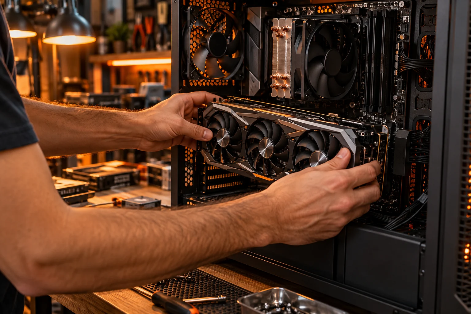 Mãos instalando uma placa de vídeo em um computador aberto sobre a bancada